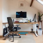 a desk with a computer on top of it