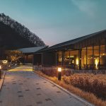 brown wooden building near trees during night time