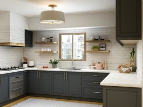 white and brown kitchen cabinet