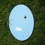 a bird flying in the sky through a circular mirror