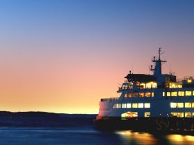 lighted cruiseship on sea taken during golden hour