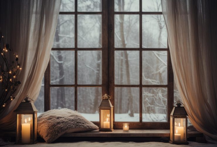 Een sfeervol ingerichte zomerse buitenruimte met loungestoelen, plantenpotten en snoerverlichting op een terras